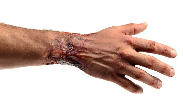 Close up of a wounded hand with a distal radius fracture and surgical scars on a white background