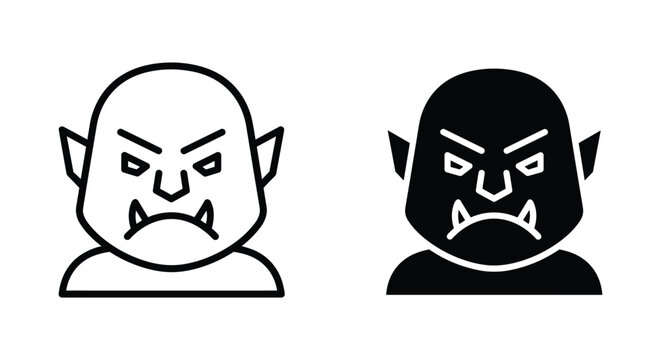 Angry goblin head icon in outline and solid vector style for fantasy gaming and character design