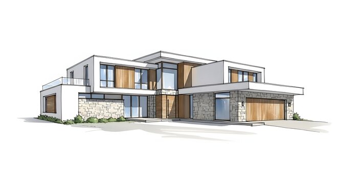 Modern architectural rendering of a luxurious two story house with clean lines