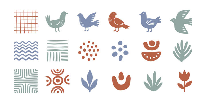 Minimalist Folk Art Bird and Botanical Icon Set with Hand Drawn Abstract Geometric Shapes