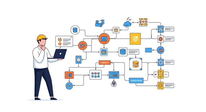 Businessman analyzing data flow diagram.