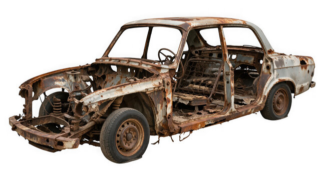 Rusted scrap car frame skeleton without engine or doors isolated on transparent background