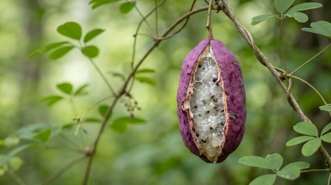 Open purple fruit hanging on a vine, Ripe Akebia quinata fruit in a natural setting, Split chocolate vine fruit showing seeds and pulp against blurred background , generative AI