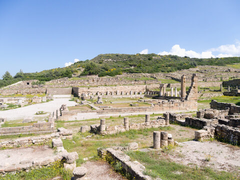 Classical ancient Kamiros, Rhodes, Greece. View of the excavated Doric city set on a beautiful hillside above the Aegean. One of the three city states of the island. Well preserved Hellenistic city. 