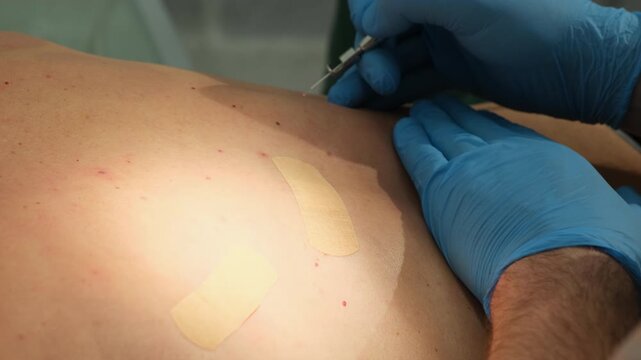 Dermatologist with laser equipment removes moles from man skin in procedure room slow motion. Easy birthmark treatment at healthcare facility