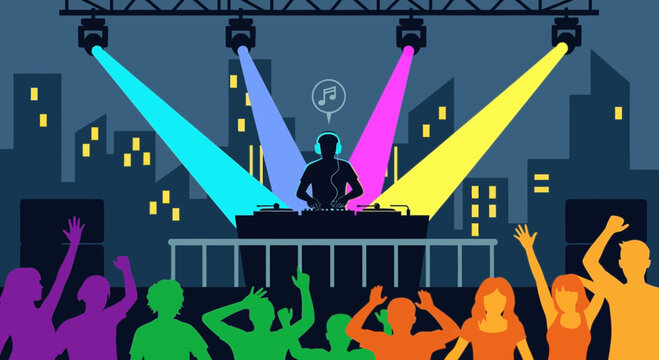 Dj playing music for dancing crowd at night city party.