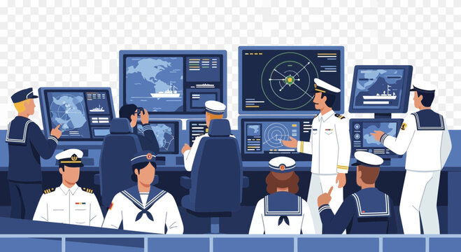 Sailors monitor screens in a ship's command center.