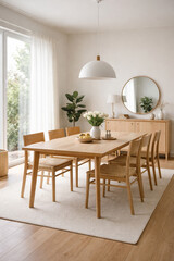Fototapeta premium Serene Dining Room: A beautifully designed dining room creates a sense of peace with its modern furniture, inviting an atmosphere of comfort and sophistication.