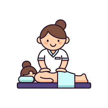 Masseuse gives massage to client on table, cartoon style, wellness concept