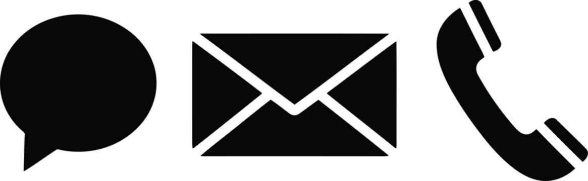 Black icons for communication, email, and phone