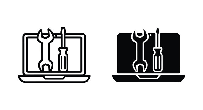 Laptop repair and maintenance icon set featuring outline and solid black silhouette styles for technical support and computer services