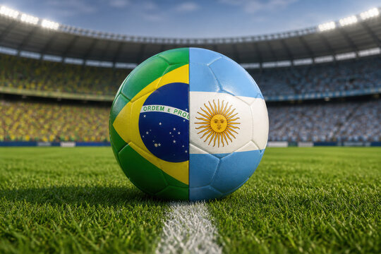 Brazil and Argentina flags on soccer ball at stadium for match between two teams