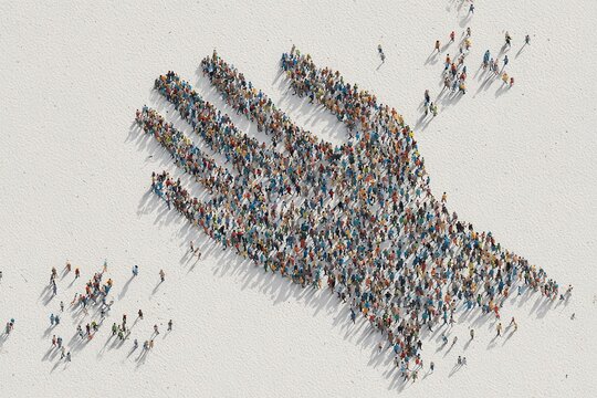 Large crowd of people forming a giant hand shape from an aerial view