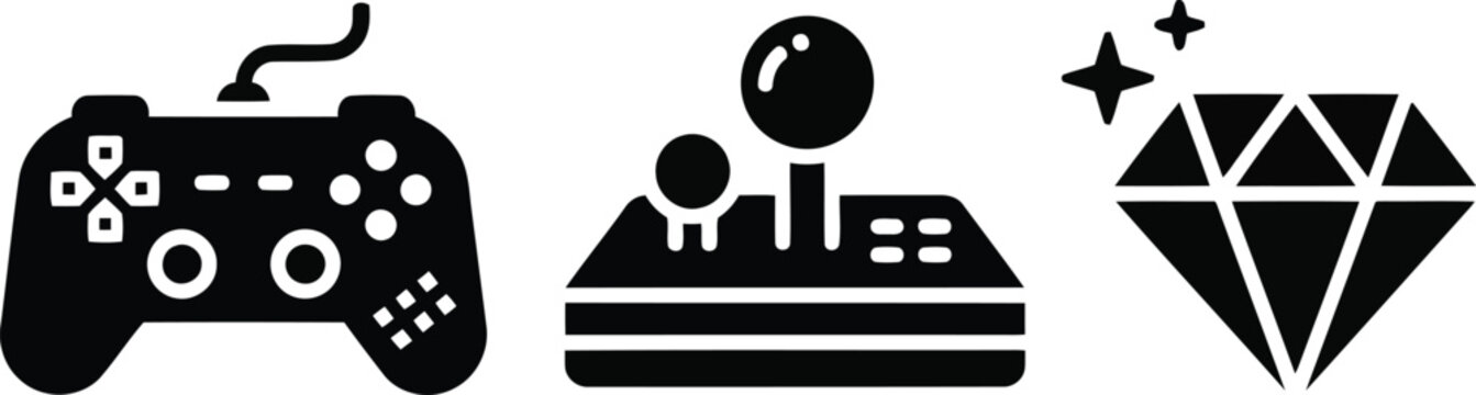 Black icons of video game controller, arcade machine and diamond