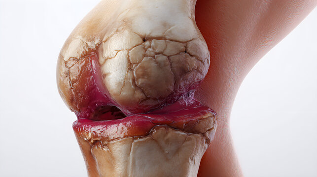 Photorealistic medical illustration of patellar tendinitis in a human knee joint with exposed tendons and ligaments