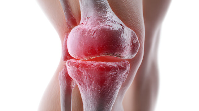 Close up photorealistic medical illustration of a human knee with inflamed patellar tendon and redness indicating pain or injury on a white background