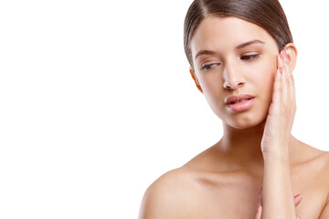 Fototapeta premium Beauty, thinking and woman in studio with space, skincare and relax with soft texture on mockup. Dermatology, cosmetics and girl with confidence, clean skin and glow isolated on white background.