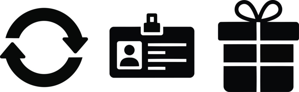 Black icons of recycle symbol, id card and gift box