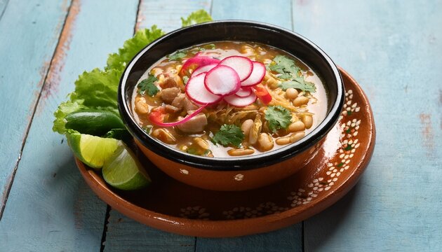 pozole is a traditional mexican soup made with hominy meat and chili peppers garnished with lettuce radish and herbs