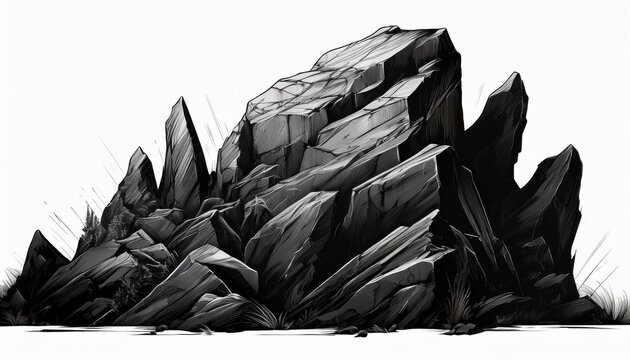large black stone outcrop with sharp edges white background cutout background