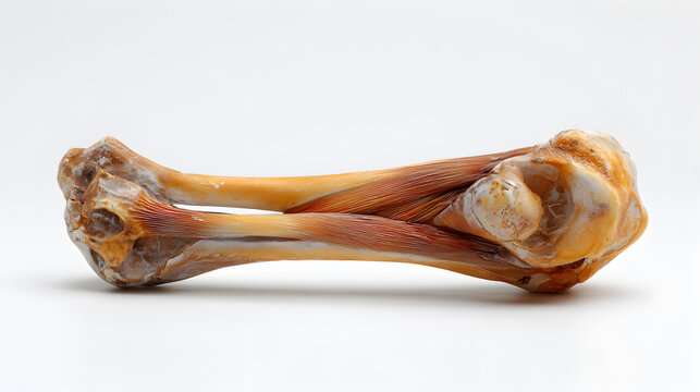 Photorealistic medical illustration of a human elbow joint with exposed bones and tendons on a white background