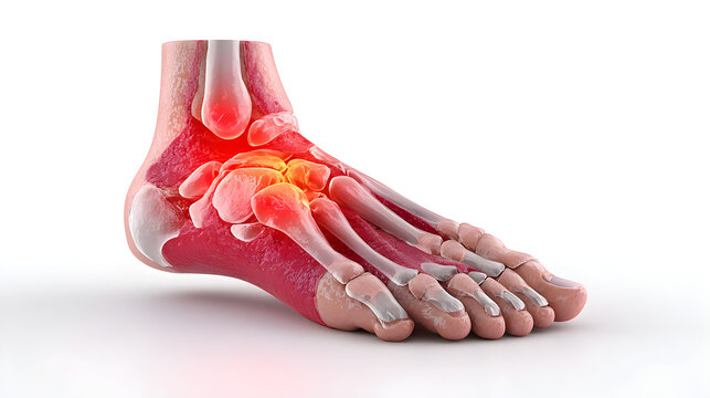 Human foot with highlighted gout in the big toe joint medical illustration of pain and inflammation