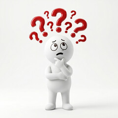 Fototapeta premium 3D Character Confused with Multiple Question Marks – Doubt, Problem Solving and Thinking Concept