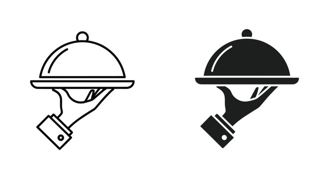 Hand holding silver cloche serving tray food icon in outline and solid black silhouette style for restaurant and hospitality industry applications