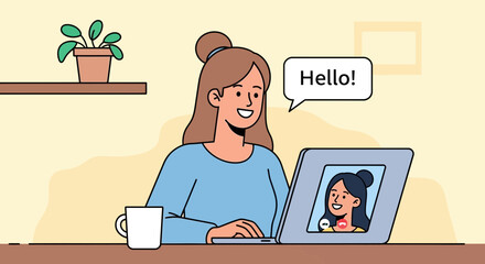Obraz premium Woman having a video call on laptop, smiling, with a plant and coffee cup on desk