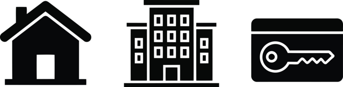 Black icons of house, building and key