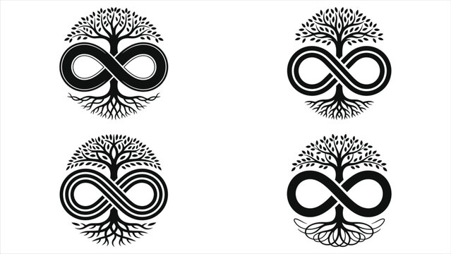 Eco-Friendly Tree of Life Infinity Loop Symbol Set, Minimalist Black and White Nature Silhouette Icons, Sustainable Green Energy Concept Graphics, Eternal Life and Environmental Growth Vector Art