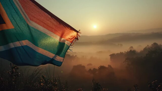 South African flag waves at sunrise over misty landscape in the morning light