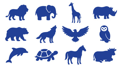 Blue Animal Silhouettes Set with Lion Elephant Giraffe and Eagle Icons © Lucy Abstracts