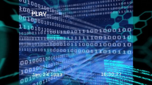 PLAY appearing binary tunnel moving inward cyan blocks flashing timecode ticking for retro playback