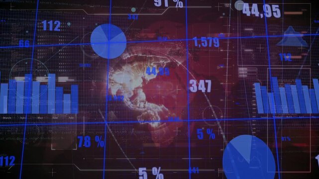 Glowing globe rotating in HUD while data feed starting and charts updating to show regional metrics