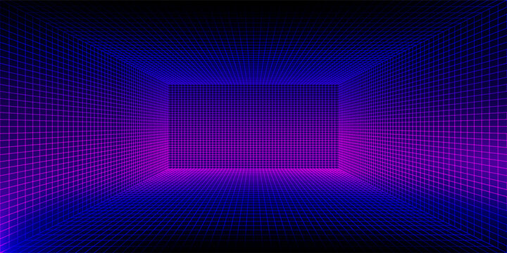 Purple glowing neon wireframe background. Shining checkered vertical grid planes in perspective. Retro futuristic depth wallpaper. Arcade game sci fi matrix surface backdrop for poster, banner. Vector