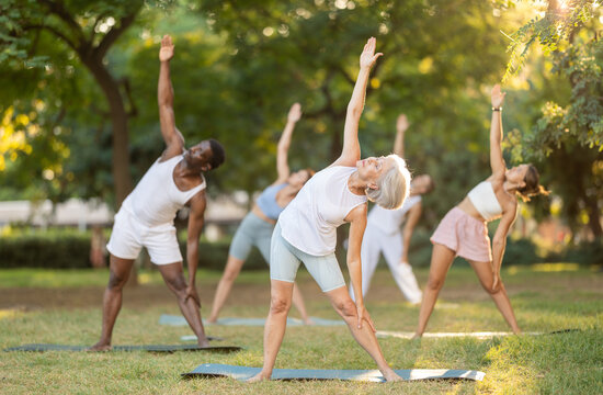 Fitness, sport and healthy lifestyle concept: group of multinational people doing yoga yoga pose - vrikshasana pose on mat in summer park