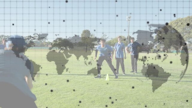 Coach gesturing men running and sliding to yellow cone sports drill with dotted world-map overlay