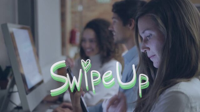 Rightmost tablet user tapping triggers Swipe Up graphic cycling colors, guiding engagement