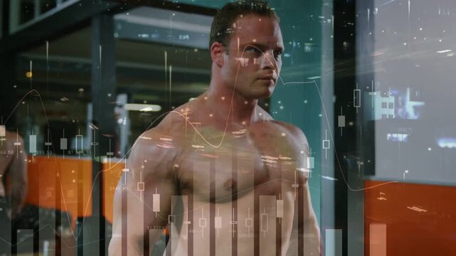Man doing dumbbell lateral raises in gym initiating animated finance charts tracking strength gains