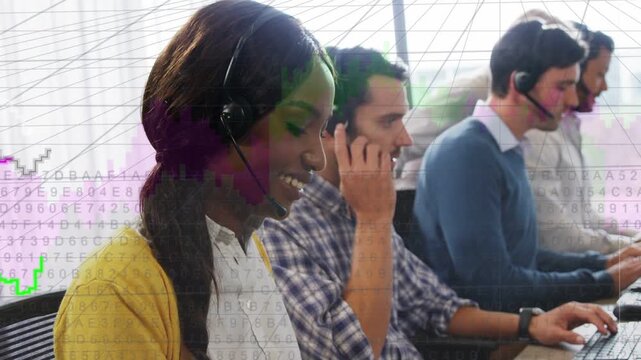 Inbound call starting woman support agent typing and speaking, line graphs sweeping across screens
