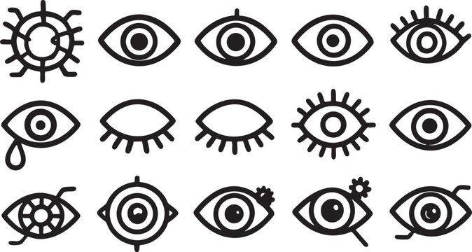 Eye icons set featuring multiple minimalist graphic designs of human eyes including eyelashes and pupils isolated on a plain white background for creative digital projects