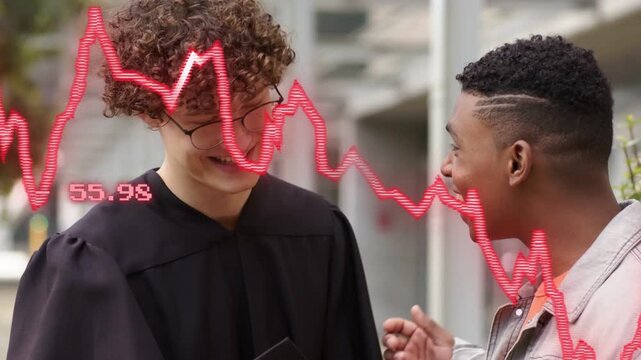 Grad holding phone filming selfie friend leaning talking, red chart moving across faces celebrating