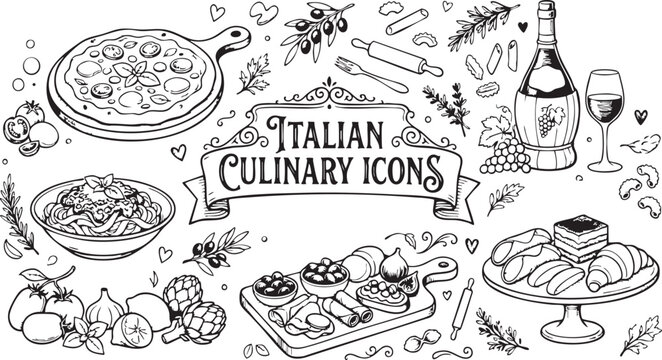 Italian food illustration featuring various traditional dishes like pizza pasta pastries wine and antipasti ingredients drawn in a detailed vintage hand sketched black white style