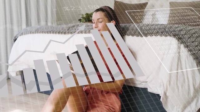 Woman flipping magazine pages, causing tech overlays evolving from pie charts to HUD rings for demo