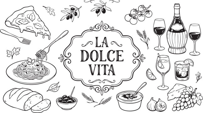Italian food collection featuring delicious pizza pasta wine and traditional Mediterranean ingredients set in a hand drawn vintage style illustration for restaurant menu design layouts