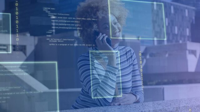 Woman leaning on ledge holding phone, incoming call causing AR tech UI framing face then fading