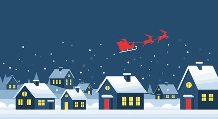 Fototapeta premium Santa Claus flying in sleigh over snowy village at night, Christmas celebration