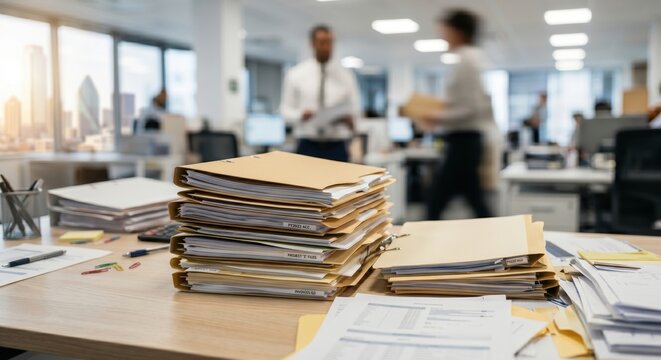 Stacks of Manila Folders and Paperwork on Office Desk