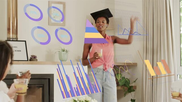 Woman entering home with box donning graduation cap talking group toasting charts overlaying frame